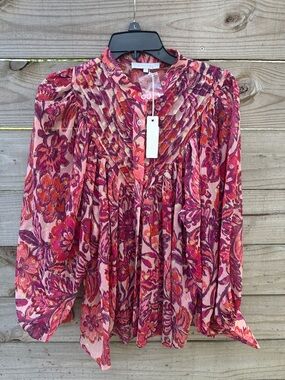 NWT Olivaceous pink purple floral sheer long sleeve button front pleated Large